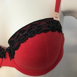 La Senza red black silver lace bra 34D lightly lined NWT